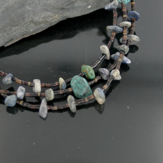 Certified Authentic 3 Strand Navajo .925 Sterling Silver Turquoise and Lapis Native American Necklace 15297-10 Certified Authentic 3 Strand Navajo .925 Sterling Silver Turquoise and Lapis Native American Necklace 15297-10