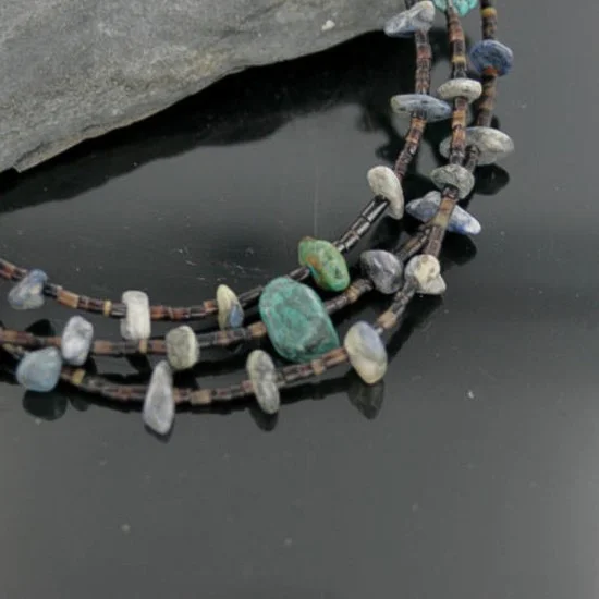 Certified Authentic 3 Strand Navajo .925 Sterling Silver Turquoise and Lapis Native American Necklace 15297-10 Certified Authentic 3 Strand Navajo .925 Sterling Silver Turquoise and Lapis Native American Necklace 15297-10