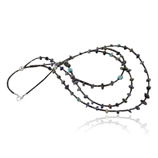 Certified Authentic 3 Strand Navajo .925 Sterling Silver Turquoise and Lapis Native American Necklace 1530-36
