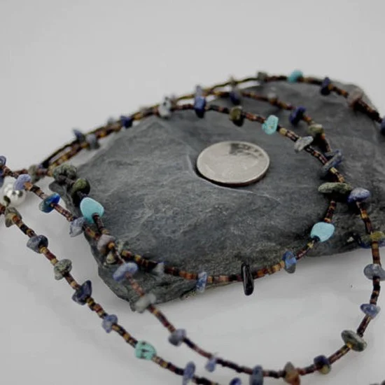 Certified Authentic 3 Strand Navajo .925 Sterling Silver Turquoise and Lapis Native American Necklace 1530-36