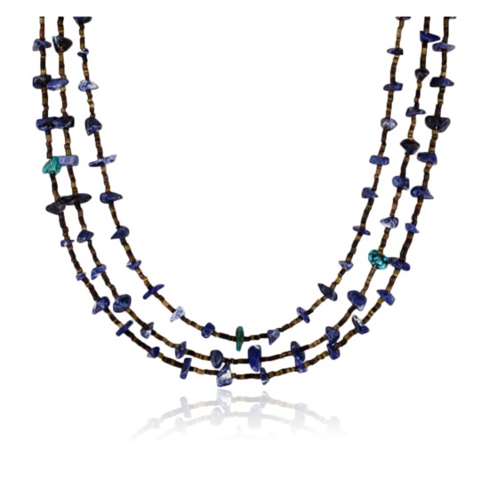 Certified Authentic 3 Strand Navajo .925 Sterling Silver Turquoise and Lapis Native American Necklace 15401-16 Certified Authentic 3 Strand Navajo .925 Sterling Silver Turquoise and Lapis Native American Necklace 15401-16