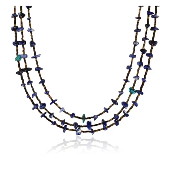 Certified Authentic 3 Strand Navajo .925 Sterling Silver Turquoise and Lapis Native American Necklace 15401-16 Certified Authentic 3 Strand Navajo .925 Sterling Silver Turquoise and Lapis Native American Necklace 15401-16