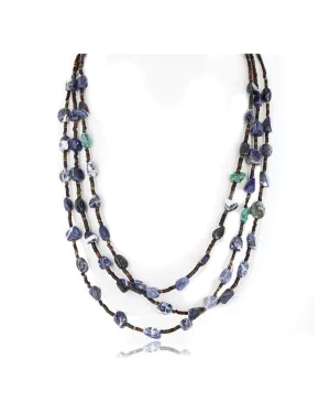 Certified Authentic 3 Strand Navajo .925 Sterling Silver Turquoise and Lapis Native American Necklace 15778-22