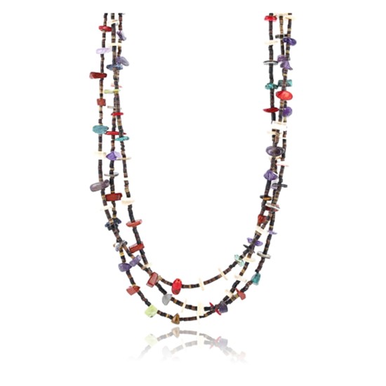 Certified Authentic 3 Strand Navajo .925 Sterling Silver Turquoise and MULTICOLOR Stones Native American Necklace 371010623932 All Products 15850-6 371010623932 (by LomaSiiva)