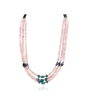 Certified Authentic 3 Strand Navajo .925 Sterling Silver Turquoise Pink Quartz and Amethyst Native American Necklace 750168