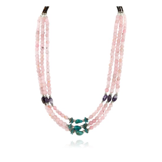 Certified Authentic 3 Strand Navajo .925 Sterling Silver Turquoise Pink Quartz and Amethyst Native American Necklace 750168 All Products 750168 750168 (by LomaSiiva)