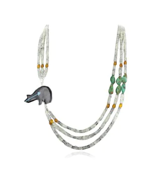 Certified Authentic 3 Strand Navajo .925 Sterling Silver Turquoise Quartz and Onyx Native American Necklace 25243