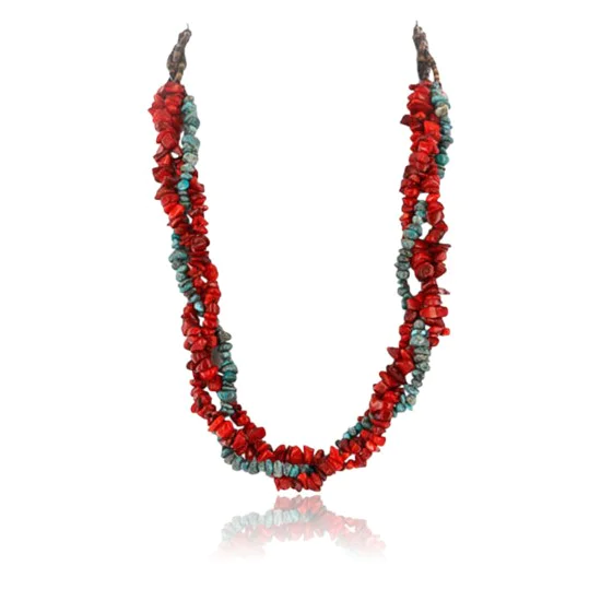 Certified Authentic 3 Strand Twisted Navajo .925 Sterling Silver Turquoise and CORAL Native American Necklace 390835776735