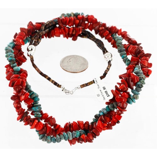 Certified Authentic 3 Strand Twisted Navajo .925 Sterling Silver Turquoise and CORAL Native American Necklace 390835776735 Certified Authentic 3 Strand Twisted Navajo .925 Sterling Silver Turquoise and CORAL Native American Necklace 390835776735