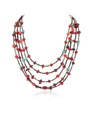 Certified Authentic 5 Strand Navajo .925 Sterling Silver Natural Turquoise Coral Native American Necklace 15775-1