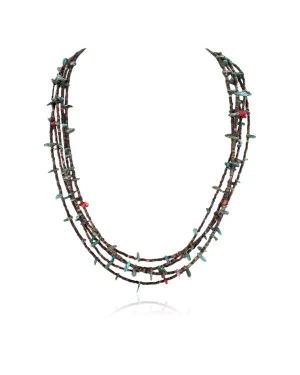 Certified Authentic 5 Strand Navajo .925 Sterling Silver Turquoise and Coral Native American Necklace 16082