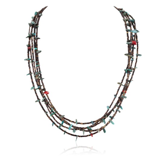 Certified Authentic 5 Strand Navajo .925 Sterling Silver Turquoise and Coral Native American Necklace 16082