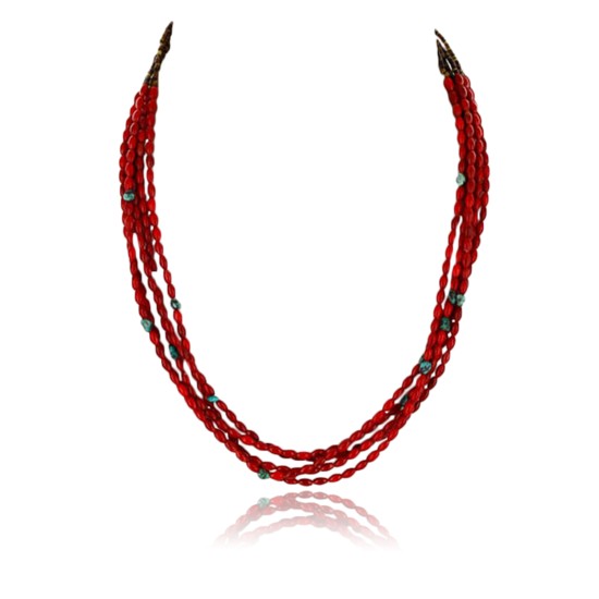 Certified Authentic 5 Strand Navajo .925 Sterling Silver Turquoise and Coral Native American Necklace 371070486052