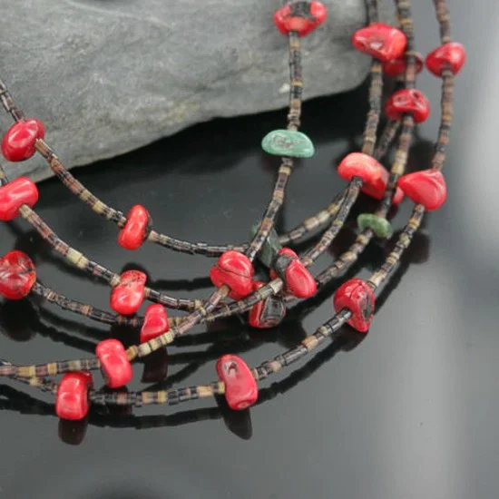 Certified Authentic 5 Strand Navajo .925 Sterling Silver Turquoise and Coral Native American Necklace 750107-7 Certified Authentic 5 Strand Navajo .925 Sterling Silver Turquoise and Coral Native American Necklace 750107-7