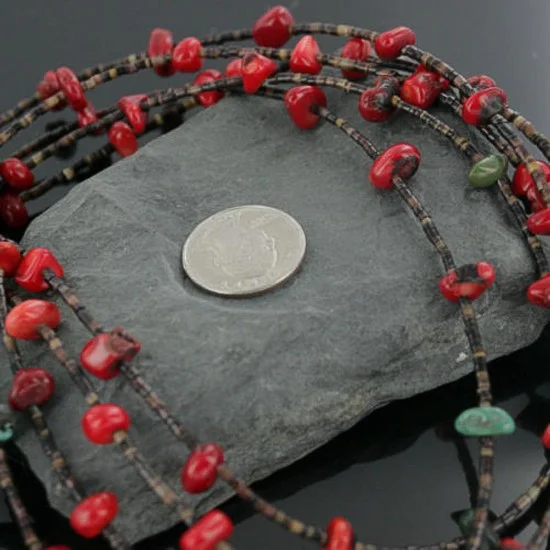 Certified Authentic 5 Strand Navajo .925 Sterling Silver Turquoise and Coral Native American Necklace 750107-7 Certified Authentic 5 Strand Navajo .925 Sterling Silver Turquoise and Coral Native American Necklace 750107-7