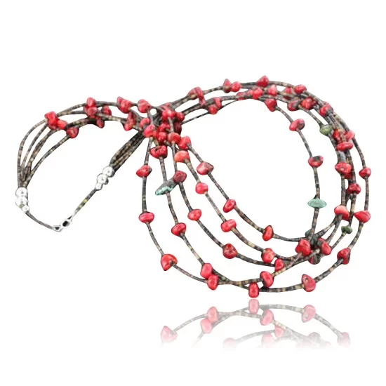 Certified Authentic 5 Strand Navajo .925 Sterling Silver Turquoise and Coral Native American Necklace 750107-7 Certified Authentic 5 Strand Navajo .925 Sterling Silver Turquoise and Coral Native American Necklace 750107-7