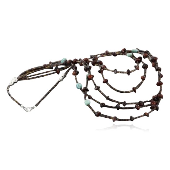 Certified Authentic 5 Strand Navajo .925 Sterling Silver Turquoise and Red Tigers Eye Native American Necklace 15585-20