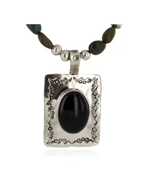 Certified Authentic .925 Sterling Silver and Nickel Handmade Navajo Natural Turquoise Black Onyx Native American Necklace  94006-2-95003-2