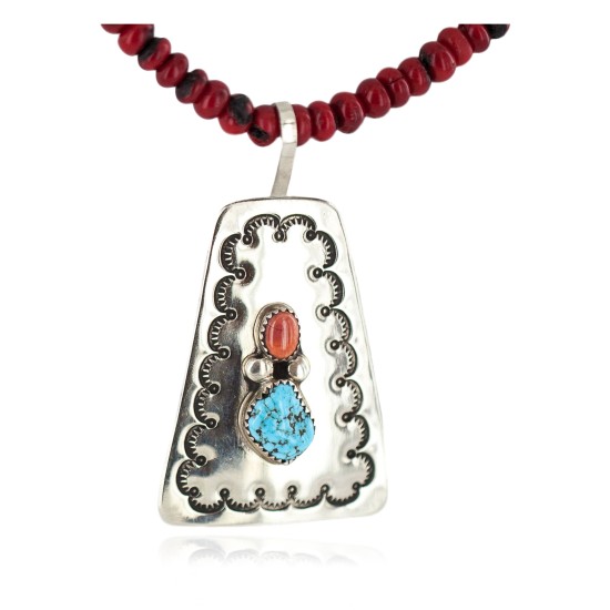 Certified Authentic .925 Sterling Silver and Nickel Handmade Navajo Natural Turquoise Coral Native American Necklace  94007-16039-1