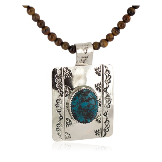 Certified Authentic .925 Sterling Silver and Nickel Handmade Navajo Natural Turquoise Tigers Eye Native American Necklace  94005-6-95001-1