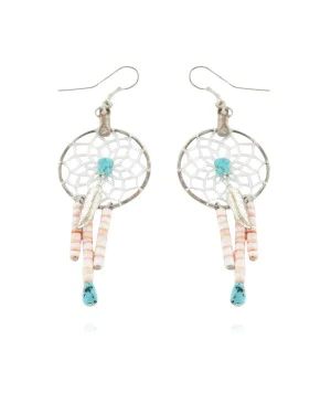 Certified Authentic .925 Sterling Silver Dangle Natural Turquoise Heishi Dreamcatcher Native American Earrings 27207