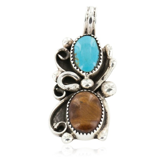 Certified Authentic .925 Sterling Silver Handmade Navajo Natural Turquoise Tigers Eye Native American Pendant 13062 Certified Authentic .925 Sterling Silver Handmade Navajo Natural Turquoise Tigers Eye Native American Pendant 13062