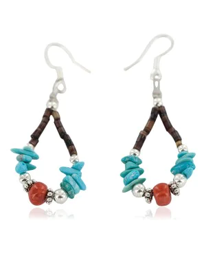 Certified Authentic .925 Sterling Silver Hooks Coral Natural Turquoise Heishi Hoop Native American Dangle Earrings 18263-20
