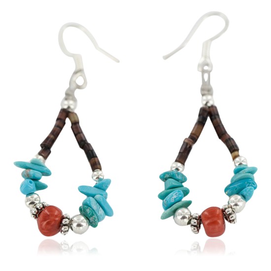 Certified Authentic .925 Sterling Silver Hooks Coral Natural Turquoise Heishi Hoop Native American Dangle Earrings 18263-20