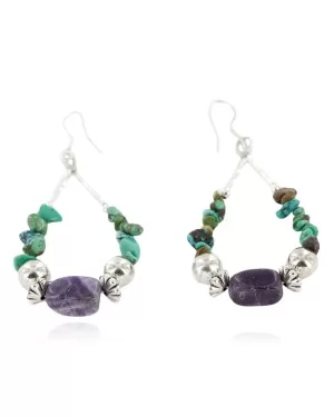 Certified Authentic .925 Sterling Silver Hooks Dangle Natural Turquoise Amethyst Hoop Native American Earrings 18138