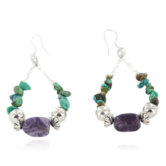 Certified Authentic .925 Sterling Silver Hooks Dangle Natural Turquoise Amethyst Hoop Native American Earrings 18138 All Products NB160117003701 18138 (by LomaSiiva)