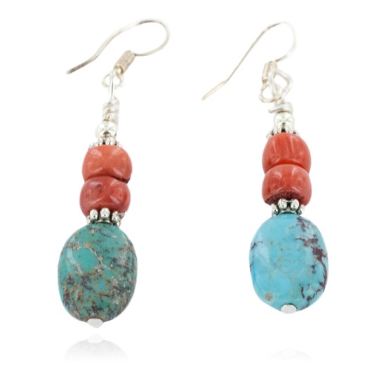Certified Authentic .925 Sterling Silver Hooks Dangle Natural Turquoise Coral Native American Earrings 18137-1