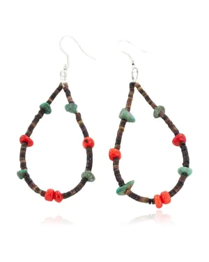 Certified Authentic .925 Sterling Silver Hooks Dangle Natural Turquoise Heishi Coral Hoop Native American Earrings 18104-50