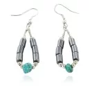 Certified Authentic .925 Sterling Silver Hooks Dangle Natural Turquoise Hematite Hoop Native American Earrings  18142