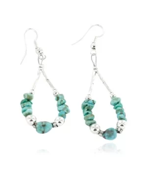 Certified Authentic .925 Sterling Silver Hooks Dangle Natural Turquoise Hoop Native American Earrings 18139