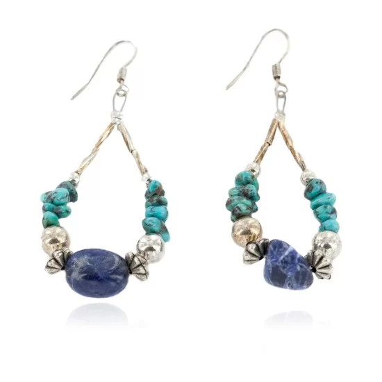 Certified Authentic .925 Sterling Silver Hooks Dangle Natural Turquoise Lapis Hoop Native American Earrings 18141