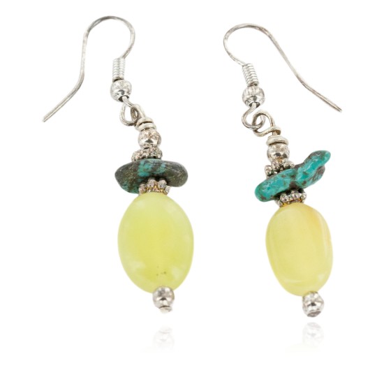 Certified Authentic .925 Sterling Silver Hooks Dangle Natural Turquoise Yellow Quartz Native American Earrings 18147