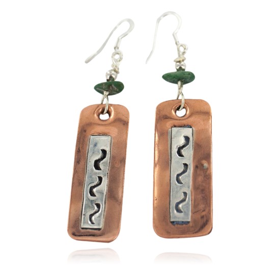 Certified Authentic .925 Sterling Silver Hooks Handmade Navajo Natural Turquoise Native American Pure Copper Dangle Earrings 18210-3