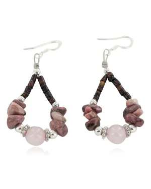 Certified Authentic .925 Sterling Silver Hooks Natural Charoite Pink Quartz Heishi Hoop Native American Dangle Earrings 18263-8