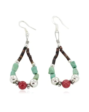Certified Authentic .925 Sterling Silver Hooks Natural Turquoise Coral Heishi Hoop Navajo Native American Dangle Earrings 18263-40