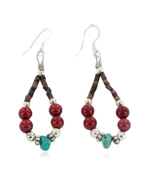 Certified Authentic .925 Sterling Silver Hooks Natural Turquoise Coral Heishi Native American Dangle Hoop Earrings 18263-10 Certified Authentic .925 Sterling Silver Hooks Natural Turquoise Coral Heishi Native American Dangle Hoop Earrings 18263-10
