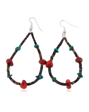 Certified Authentic .925 Sterling Silver Hooks Natural Turquoise Heishi Coral Hoop Native American Dangle Earrings 18248 Certified Authentic .925 Sterling Silver Hooks Natural Turquoise Heishi Coral Hoop Native American Dangle Earrings 18248