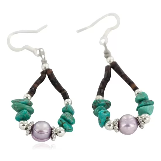 Certified Authentic .925 Sterling Silver Hooks Natural Turquoise Mother of Pearl Heishi Hoop Native American Dangle Earrings 18263-11