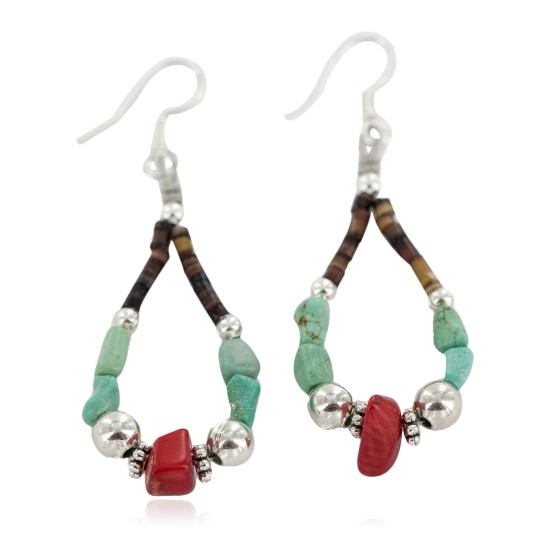 Certified Authentic .925 Sterling Silver Hooks Navajo Natural Turquoise Coral Heishi Hoop Native American Dangle Earrings 18263-23