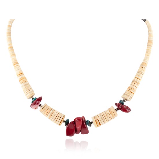 Certified Authentic .925 Sterling Silver Navajo Coral and Natural Turquoise Graduated Melon Shell Native American Necklace 15624-40 Certified Authentic .925 Sterling Silver Navajo Coral and Natural Turquoise Graduated Melon Shell Native American Necklace 15624-40