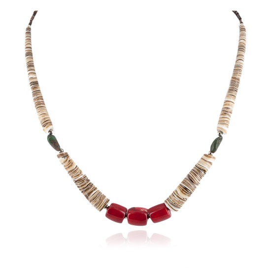 Certified Authentic .925 Sterling Silver Navajo Coral Natural Graduated Heishi Turquoise Native American Necklace 17083-09 Certified Authentic .925 Sterling Silver Navajo Coral Natural Graduated Heishi Turquoise Native American Necklace 17083-09