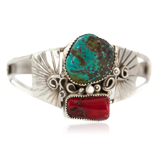 Certified Authentic .925 Sterling Silver Navajo Handmade Natural Turquoise Coral Native American Bracelet  1306