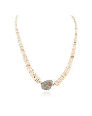 Certified Authentic .925 Sterling Silver Navajo Natural Graduated Melon Shell and Turquoise Native American Necklace  7501013-3