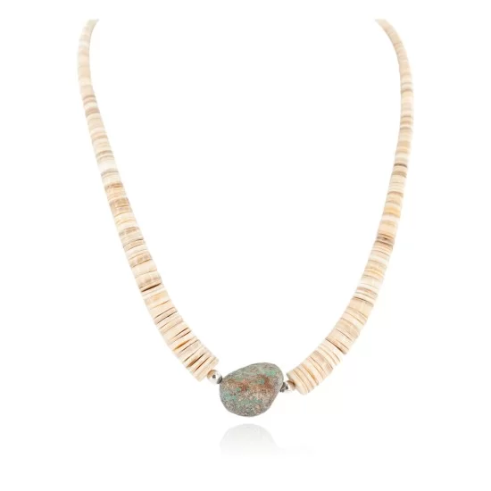 Certified Authentic .925 Sterling Silver Navajo Natural Graduated Melon Shell and Turquoise Native American Necklace 7501013-3 Certified Authentic .925 Sterling Silver Navajo Natural Graduated Melon Shell and Turquoise Native American Necklace 7501013-3