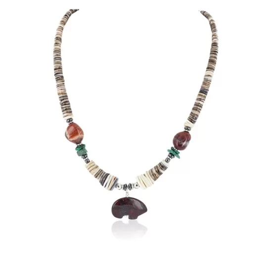 Certified Authentic Bear Navajo .925 Sterling Silver Natural Turquoise Graduated Heishi Red Jasper Hematite Native American Necklace 16090-5
