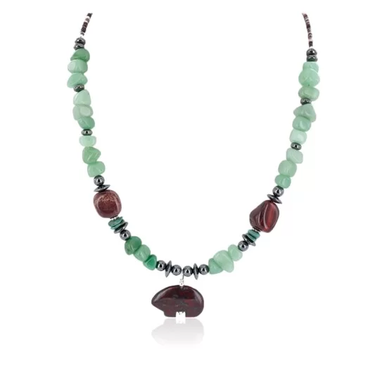 Certified Authentic Bear Navajo .925 Sterling Silver Natural Turquoise Jade Red Jasper Hematite Native American Necklace 16090-3 Certified Authentic Bear Navajo .925 Sterling Silver Natural Turquoise Jade Red Jasper Hematite Native American Necklace 16090-3